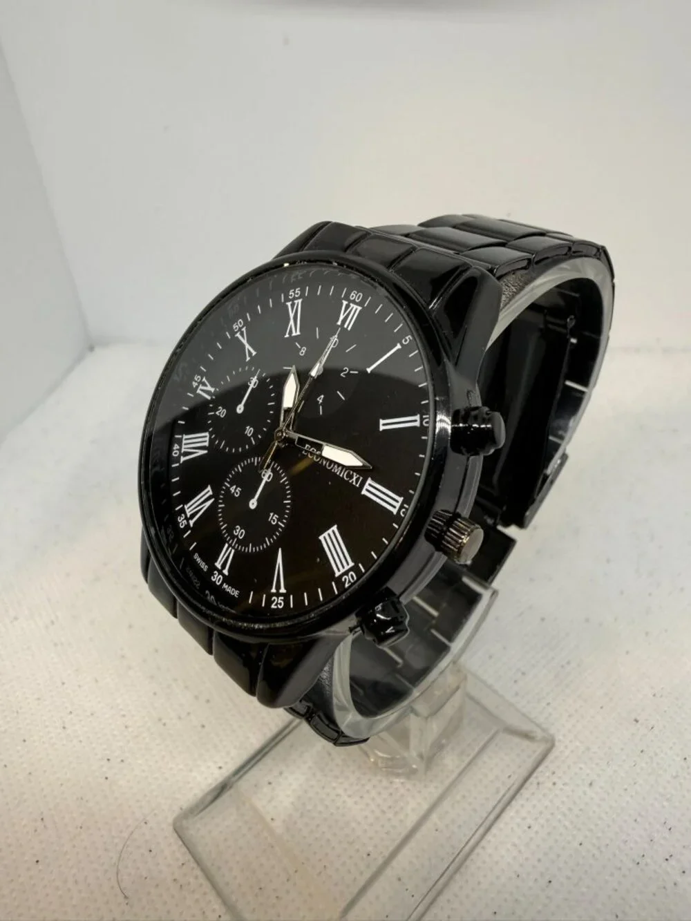 Economicxi Mens Black Dial White Roman Numeral Linked Band Watch New